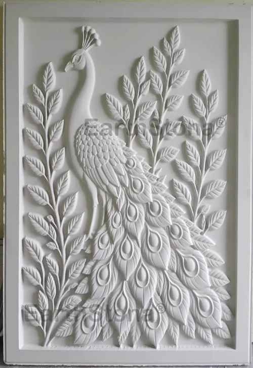Luxury Peacock Stone Wall Carving Design in Natural Sandstone by EarthStona for Living Room and Lobby Wall Decoration